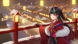 Rule 34 | 1girl, architecture, azur lane, black gloves, black hair, blunt bangs, bridge, closed mouth, commentary request, east asian architecture, expressionless, fur-trimmed kimono, fur trim, gan-viking, gloves, hair ornament, hairclip, hairpin, half updo, highres, horns, japanese clothes, kimono, lantern, long hair, looking at viewer, noshiro (azur lane), noshiro (uncharted festival grounds?) (azur lane), obi, oni horns, paper lantern, purple eyes, red kimono, river, sash, scenery, snow, solo, standing, straight hair, town, x hair ornament