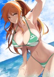 Rule 34 | 1girl, arm tattoo, arm up, armpits, bikini, blue sky, breasts, brown eyes, cleavage, closed mouth, earrings, female focus, green bikini, hand on own thigh, high ponytail, highres, jewelry, kawabata yoshihiro, large breasts, long hair, midriff, nami (one piece), navel, ocean, one piece, orange hair, outdoors, partially submerged, sky, solo, stomach, strap gap, swimsuit, tattoo, underboob, water