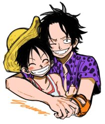 2boys ^_^ black_hair blush brothers closed_eyes commentary elbow_pads freckles hat hug looking_at_viewer male_focus monkey_d._luffy multiple_boys one_eye_closed one_piece portgas_d._ace purple_shirt shirt short_hair short_sleeves siblings simple_background single_elbow_pad souma_(soumadian) straw_hat upper_body white_background