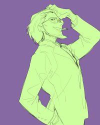 Rule 34 | 1boy, beard, bespectacled, cigarette, facial hair, from side, glasses, greyscale with colored background, halorane, hand hair, hand in pocket, hand on own head, jacket, jigen daisuke, long sleeves, lupin iii, male focus, mouth hold, necktie, purple background, short hair, simple background, sketch, smoking, solo, teeth hold, unfinished