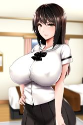 Rule 34 | 1girl, bed, black hair, black skirt, breasts, brown eyes, closed mouth, commentary request, covered erect nipples, hand on own hip, highres, indoors, large breasts, long hair, looking at viewer, original, pleated skirt, rara8hachi, rug, sailor collar, school uniform, serafuku, shirt, short sleeves, skirt, smile, solo, standing, white sailor collar, white shirt, window, wooden floor