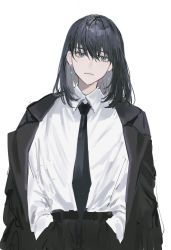 Rule 34 | 1boy, :|, alternate costume, bad id, bad twitter id, black hair, black jacket, black necktie, blue eyes, closed mouth, collared shirt, commentary, earrings, expressionless, fate/grand order, fate (series), formal, hands in pockets, highres, jacket, jacket on shoulders, jewelry, looking afar, looking ahead, looking away, male focus, medium hair, necktie, nokoru sora, oberon (fate), oberon (third ascension) (fate), shirt, simple background, solo, spoilers, suit, upper body, white background, white shirt