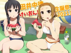Rule 34 | 2girls, :o, akiyama mio, alternate costume, ball, beach, beach towel, beachball, bikini, birthday, black eyes, black hair, blue bikini, blunt bangs, bottle, breasts, briefcase, brown eyes, brown hair, cleavage, closed mouth, clover print, crossed legs, day, eating, food, fruit, hairband, hand on own chin, highres, holding, holding food, k-on!, kamaage tomorou, long hair, looking at viewer, multiple girls, navel, on ground, open mouth, outdoors, sand, school briefcase, seed, shadow, short hair, sidelocks, sitting, stomach, swimsuit, tainaka ritsu, tongue, tongue out, towel, translation request, water bottle, watermelon, watermelon seeds, white bikini