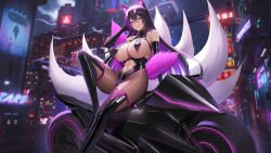Rule 34 | 1girl, absurdres, akira (manga), akira movie poster, animal ears, black footwear, black gloves, black leotard, boots, breast curtains, breasts, character name, cityscape, cyberpunk (series), cyberpunk 2077, elbow gloves, eyewear on head, foot out of frame, fox ears, fox girl, gloves, hand in own hair, highres, huge breasts, kitsune, large tail, leotard, long hair, looking at viewer, mizugaiya, motor vehicle, motorcycle, multiple tails, neon lights, night, original, outdoors, purple hair, revealing clothes, solo, tail, thigh boots, ultra-13, white tail