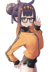 Rule 34 | 1girl, absurdres, alternate costume, bespectacled, black-framed eyewear, blush, claw pose, commentary request, cowboy shot, dolphin shorts, fang, fang out, female focus, glasses, hair bun, highres, hololive, hololive english, jacket, looking at viewer, mole, mole under eye, ninomae ina&#039;nis, pointy ears, purple hair, short hair, shorts, sidelocks, simple background, single hair bun, skin fang, smile, solo, syhan, tentacle hair, virtual youtuber, white background, yellow jacket, zipper, zipper pull tab