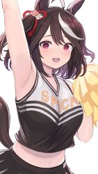 Rule 34 | 1girl, :d, ahoge, animal ears, arm up, black hair, black skirt, blush, bob cut, breasts, cheerleader, commentary, crop top, enumiyaa, flower ornament, highres, holding, holding pom poms, horse ears, horse girl, horse tail, kitasan black (umamusume), looking at viewer, medium breasts, midriff, multicolored hair, navel, open mouth, pleated skirt, pom pom (cheerleading), pom poms, purple eyes, red ribbon, ribbon, short hair, simple background, skirt, smile, solo, streaked hair, tail, umamusume, upper body, white background, white hair