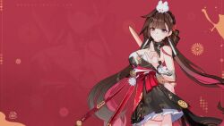 Rule 34 | 1girl, 2023, brown hair, chinese clothes, english text, highres, honkai (series), honkai impact 3rd, li sushang, li sushang (jade knight), looking at viewer, official alternate costume, official art, official wallpaper, rabbit, red background, salute, smile, solo, solo focus, two-finger salute