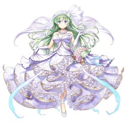 Rule 34 | 1girl, breasts, bridal gauntlets, bridal veil, dress, frilled dress, frills, frog hair ornament, full body, game cg, gloves, green eyes, green hair, hair ornament, highres, kochiya sanae, kochiya sanae (broken line of forsaken rites), large breasts, long hair, looking at viewer, rotte (1109), simple background, snake hair ornament, solo, third-party source, touhou, touhou lostword, veil, wedding dress, white background, white dress, white footwear, white gloves