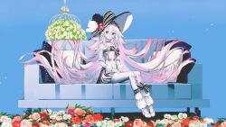 Rule 34 | 1girl, absurdres, andedalive, bow, cage, couch, flower, hat, high heels, highres, ia (vocaloid), long hair, looking at viewer, on couch, pink hair, red flower, sitting, solo, striped clothes, very long hair, vocaloid