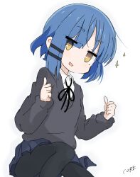 Rule 34 | 1girl, :d, black pantyhose, black ribbon, black sweater, blue hair, blue skirt, bocchi the rock!, collared shirt, core (mayomayo), double thumbs up, feet out of frame, hair ornament, hairclip, highres, long sleeves, miniskirt, mole, mole under eye, neck ribbon, open mouth, pantyhose, parted bangs, pleated skirt, raised eyebrows, ribbon, school uniform, shirt, short hair, sidelocks, signature, simple background, sitting, skirt, smile, solo, sweater, thumbs up, v-neck, white background, white shirt, yamada ryo, yellow eyes