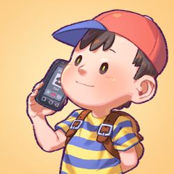 Rule 34 | 1boy, arm behind back, backpack, bag, baseball cap, black eyes, black hair, cellphone, closed mouth, hat, male focus, mother (game), mother 2, ness (mother 2), nintendo, orange background, phone, pockypalooza, red hat, shirt, simple background, smartphone, solo, striped clothes, striped shirt, super smash bros., t-shirt, upper body, yellow pupils