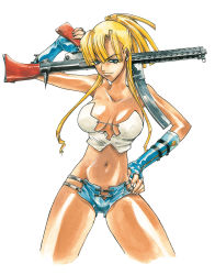 Rule 34 | 1girl, absurdres, blonde hair, blue eyes, blue gloves, breasts, cleavage, crop top, fingerless gloves, gloria (daphne in the brilliant blue), gloves, gun, hand on own hip, highres, hikari to mizu no daphne, large breasts, long hair, midriff, navel, ponytail, short shorts, shorts, smile, solo, strapless, tan, tube top, weapon