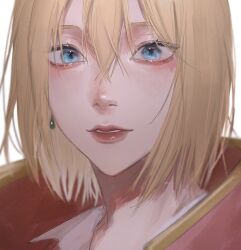 Rule 34 | 1boy, blonde hair, blue eyes, coat, collared coat, crystal earrings, earrings, eyelashes, highres, howl (howl no ugoku shiro), howl no ugoku shiro, jewelry, lips, looking at viewer, male focus, parted lips, red coat, short hair, simple background, sira julyspring, solo, white background