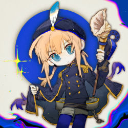 Rule 34 | 1boy, blonde hair, blue cape, blue eyes, blue jacket, blue pantyhose, buttons, cape, captain nemo (fate), closed mouth, commentary request, cowboy shot, fate/grand order, fate (series), feathers, grey shorts, holding, jacket, long hair, long sleeves, male focus, nemo (fate), pantyhose, shell, shorts, sige (kheg7252), sparkle, twintails, v-shaped eyebrows