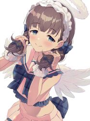 Rule 34 | 1girl, blue bow, blue eyes, blush, bow, brown hair, cropped shirt, feathered wings, frilled hairband, frills, fur halo, hairband, highres, holding, holding own hair, idolmaster, idolmaster cinderella girls, idolmaster cinderella girls starlight stage, long hair, looking at viewer, nanananananasea, plaid, plaid bow, sakuma mayu, shirt, simple background, sleeveless, sleeveless shirt, smile, solo, twintails, waist bow, white background, white wings, wings, wrist cuffs