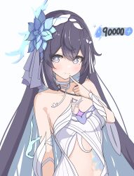 Rule 34 | 1girl, :3, bare shoulders, black hair, blue pupils, blush, breasts, chest tattoo, closed mouth, clothing cutout, colored inner hair, finger to mouth, flower, hair between eyes, hair flower, hair ornament, highres, honkai (series), honkai impact 3rd, kyaong, long hair, looking at viewer, medium breasts, multicolored hair, navel, purple eyes, seele vollerei, seele vollerei (herrscher of rebirth), simple background, solo, stomach cutout, tattoo, upper body, white background