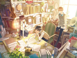 Rule 34 | 1girl, 2boys, antique phone, bag, blonde hair, book, bookshelf, bottle, bow, box, brown eyes, brown hair, buckle, cabinet, chair, clock, closed umbrella, corded phone, crossed legs, cup, curtains, den (itokiitoki), desk, drawer, drink, food, globe, hair bow, hair ornament, headphones, headphones around neck, indoors, ink, inkwell, instrument, kettle, lamp, leaning, leaning forward, light, light particles, lock, long hair, mirror, multiple boys, necktie, one eye closed, original, package, padlock, paper, paper airplane, phone, phonograph, picture frame, plant, plate, pleated skirt, potted plant, pouch, quill, record, room, rotary phone, sandwich, school uniform, scroll, serafuku, shadow, shelf, sitting, sitting on object, skirt, suitcase, sunlight, sweater vest, tea, teacup, too many, too many books, twintails, umbrella, violin, window, wine bottle, wink, yellow eyes