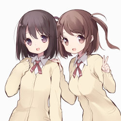 Rule 34 | 2girls, black hair, breasts, brown eyes, brown hair, cardigan, hand on another&#039;s shoulder, hands up, highres, itsumi (itumiyuo), looking at viewer, medium breasts, multiple girls, open mouth, purple eyes, saki (manga), short hair, simple background, sleeves past wrists, smile, tareme, two side up, upper body, v, white background