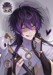 Rule 34 | 1boy, absurdres, black bridal gauntlets, black hair, blush, bridal gauntlets, cane, grey background, heart, highres, holding, holding cane, long hair, male focus, multicolored hair, nanin, nu carnival, purple hair, rin (nu carnival), shirt, solo, tongue, tongue out, white shirt, yellow eyes