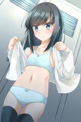 Rule 34 | 1girl, asashio (kancolle), black hair, black thighhighs, blue bra, blue eyes, blue panties, blurry, blurry background, blush, bow, bow bra, bow panties, bra, breasts, closed mouth, collarbone, comah, commentary request, cowboy shot, depth of field, gluteal fold, hands up, highres, indoors, kantai collection, locker, long hair, long sleeves, navel, open clothes, open shirt, panties, shirt, skindentation, small breasts, smile, solo, standing, thigh gap, thighhighs, underwear, white shirt