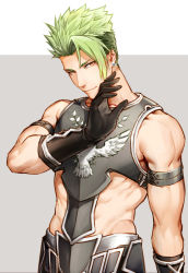Rule 34 | 1boy, achilles (fate), armor, bad id, bad pixiv id, black gloves, changye, closed mouth, earrings, fate/apocrypha, fate/grand order, fate (series), gloves, green hair, hand up, jewelry, looking at viewer, male focus, muscular, muscular male, orange eyes, short hair, smile, solo, spiked hair, undercut, upper body