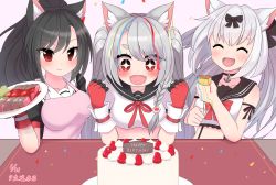 Rule 34 | + +, 3girls, :d, ^ ^, anchor choker, animal ear fluff, animal ears, apron, arm ribbon, azur lane, bare shoulders, beef, birthday cake, black bow, black hair, black sailor collar, black serafuku, blush, bow, bowtie, braid, breasts, cake, cat ears, clenched hands, closed eyes, collar, collarbone, commentary request, confetti, crop top, crop top overhang, dated, eyebrows hidden by hair, fang, fangs, fingerless gloves, food, gloves, hair between eyes, hair bow, hair ornament, hands up, happy birthday, highres, holding, holding plate, hoshino (s22), long hair, looking at viewer, medium breasts, midriff, multiple girls, neck ribbon, open mouth, party popper, pink apron, pink background, plate, ponytail, red bow, red collar, red eyes, red gloves, red ribbon, ribbon, sailor collar, school uniform, serafuku, shigure (azur lane), shirt, short eyebrows, short sleeves, side braid, sidelocks, silver hair, simple background, skirt, smile, suspender skirt, suspenders, swept bangs, thick eyebrows, translation request, twintails, upper body, white sailor collar, white shirt, wolf ears, wolf girl, yukikaze (azur lane), yuudachi (azur lane), |d