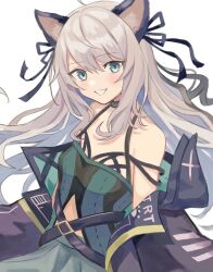 Rule 34 | 1girl, animal ears, arknights, belt, blue eyes, blush, camisole, cat ears, green skirt, grey hair, hair tie, infection monitor (arknights), jacket, looking at viewer, mint (arknights), mint (elite ii) (arknights), open clothes, open jacket, simple background, skirt, smile, solo, teeth, touchika, white background