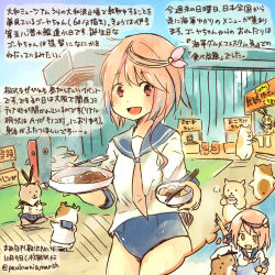 Rule 34 | 10s, 2girls, :d, admiral (kancolle), animal, animalization, bowl, chopsticks, commentary request, curry, curry rice, dated, food, hamster, holding, holding bowl, holding plate, holding spoon, i-58 (kancolle), imagining, kantai collection, kirisawa juuzou, multiple girls, non-human admiral (kancolle), open mouth, pink eyes, pink hair, plate, rice, sailor collar, school swimsuit, school uniform, serafuku, shimakaze (kancolle), short hair, short sleeves, smile, spoon, swimsuit, thinking, traditional media, translation request, twitter username, yukikaze (kancolle)