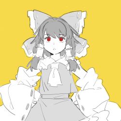 Rule 34 | 1girl, :o, braid, detached sleeves, dress, greyscale, hair ribbon, hair tubes, hakurei reimu, highres, long hair, looking up, monochrome, ntii, open mouth, red eyes, ribbon, sleeveless, solo, touhou, wide sleeves, yellow background