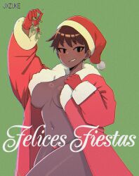 Rule 34 | 1girl, absurdres, arm up, artist name, bikini, breasts, brown hair, christmas, cleavage, coat, come hither, dark-skinned female, dark skin, gloves, hand on own chest, hat, highres, jxzuke, large breasts, legs, looking at viewer, mistletoe, naked coat, navel, no bra, original, santa hat, seductive smile, short hair, smile, solo, swimsuit, thick thighs, thighs, thong bikini, tomboy
