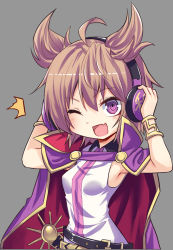 Rule 34 | 1girl, ;d, ^^^, ahoge, arms up, belt, black belt, blouse, blush, bracelet, breasts, brown hair, cape, commentary request, earmuffs, fang, grey background, hair between eyes, high collar, jewelry, koissa, looking at viewer, one eye closed, open mouth, pointy ears, purple cape, purple eyes, shirt, simple background, skin fang, sleeveless, sleeveless shirt, small breasts, smile, solo, touhou, toyosatomimi no miko, upper body, white shirt