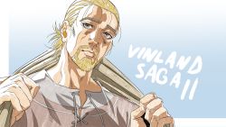Rule 34 | 1boy, beard, blonde hair, brown eyes, character request, closed mouth, copyright name, facial hair, grandguerrilla, highres, looking at viewer, male focus, ponytail, shirt, solo, towel, towel around neck, upper body, vinland saga