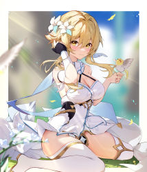 Rule 34 | 1girl, absurdres, bare shoulders, bird, bird on hand, blonde hair, blurry, blurry background, blush, border, breasts, cleavage, cockatiel, depth of field, detached sleeves, dress, feathers, flower, genshin impact, grass, hair flower, hair ornament, highres, houkisei, large breasts, looking at viewer, lumine (genshin impact), medium hair, parrot, scarf, sidelocks, sitting, smile, thighhighs, thighs, wariza, white border, white dress, white scarf, white thighhighs, yellow eyes, yellow feathers