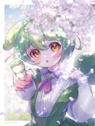 1girl cherry_blossoms dango food green_hair highres holding holding_food looking_at_viewer piita solo suspenders voicevox wagashi yellow_eyes zundamon