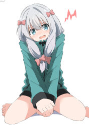 Rule 34 | 1girl, absurdres, between legs, blue eyes, bow, commentary request, cynical (llcbluckg c004), eromanga sensei, green jacket, grey hair, hair between eyes, hair bow, hand between legs, highres, izumi sagiri, jacket, light blush, long hair, long sleeves, low-tied long hair, no pants, open mouth, partial commentary, pink bow, simple background, sitting, sleeves past wrists, solo, wariza, white background