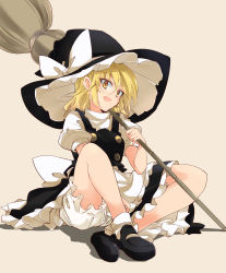 Rule 34 | 1girl, absurdres, black dress, blonde hair, bloomers, bow, braid, broom, crossed legs, dress, hat, hat bow, highres, holding, ichimura kanata, kirisame marisa, large hat, looking at viewer, no nose, open mouth, puffy sleeves, shadow, shirt, shoes, simple background, sitting, slit pupils, smile, socks, solo, solo focus, spread legs, touhou, underwear, upskirt, white shirt