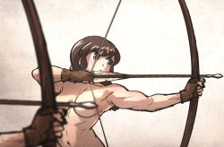 Rule 34 | arrow (projectile), bow (weapon), breasts, brown hair, convenient censoring, drawing bow, gloves, holding, holding bow (weapon), holding weapon, ironlily, long hair, multiple girls, original, weapon