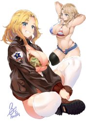Rule 34 | 10s, 1girl, american flag bikini, american flag print, armpits, arms behind head, arms up, artist name, bikini, bikini under clothes, blonde hair, blue eyes, blue shorts, bomber jacket, boots, breasts, brown footwear, brown jacket, camouflage, camouflage bikini, denim, denim shorts, emblem, flag print, girls und panzer, grin, jacket, kay (girls und panzer), large breasts, long hair, looking at viewer, micro bikini, micro shorts, military, military uniform, mouth hold, multiple views, no pants, open clothes, open fly, open jacket, patch, print bikini, short shorts, shorts, shoulder patch, sideboob, signature, simple background, sitting, skindentation, smile, standing, swimsuit, thighhighs, unbuttoned, underboob, uniform, uo denim, white background, white thighhighs