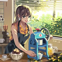 Rule 34 | 1girl, apron, bf. (sogogiching), brown eyes, brown hair, kitchen, long hair, looking at viewer, open mouth, original, ponytail, sleeveless, solo, standing