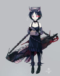 Rule 34 | 1girl, :t, abyssal ship, bare shoulders, beans, black dress, black footwear, black hair, black pantyhose, boots, bracelet, chain, closed mouth, dark persona, dated, diving mask, diving mask on head, dress, eating, elbow gloves, full body, gloves, glowing, glowing eyes, goggles, goggles on head, grey background, grey gloves, highres, jewelry, kantai collection, kokudou juunigou, maru-yu (kancolle), masu, pale skin, pantyhose, red eyes, short hair, signature, simple background, sleeveless, sleeveless dress, solo, spiked boots, spiked bracelet, spikes, standing, submarine, watercraft