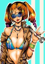 Rule 34 | 1girl, :p, \m/, bad id, bad pixiv id, bikini, bikini top only, bracelet, breasts, cleavage, drill hair, eyepatch, full-length zipper, hair ornament, hairclip, jewelry, jumpsuit, lapel pin, large breasts, multicolored hair, multicolored nails, nail art, nail polish, necklace, open clothes, original, pin, sleeves rolled up, solo, striped, sunglasses, swimsuit, tongue, tongue out, twintails, unzipped, wrench, yuura, zipper