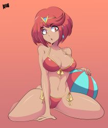 Rule 34 | 1girl, bad id, bad tumblr id, ball, bare shoulders, beachball, bigdead, bikini, breasts, cleavage, collarbone, earrings, eyes visible through hair, full body, gradient background, highres, jewelry, kneeling, large breasts, navel, nintendo, open mouth, pyra (xenoblade), red background, red bikini, red eyes, red hair, short hair, signature, solo, swept bangs, swimsuit, tiara, xenoblade chronicles (series), xenoblade chronicles 2