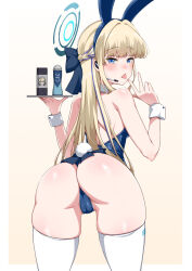 Rule 34 | 1girl, animal ears, ass, blonde hair, blue archive, blue bow, blue eyes, blue hairband, bow, cameltoe, cleft of venus, commentary, darkmaya, earpiece, fake animal ears, fake tail, from behind, hair bow, hairband, halo, hand up, highres, holding, holding tray, leaning forward, long hair, looking at viewer, looking back, lotion bottle, lube, microphone, rabbit ears, rabbit tail, solo, tail, thighhighs, thighs, toki (blue archive), toki (bunny) (blue archive), tongue, tongue out, tray, w, white thighhighs, wrist cuffs