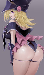 Rule 34 | 1girl, absurdres, ass, bare shoulders, blonde hair, breasts, bridal gauntlets, capelet, dress, duel monster, elbow gloves, finger to mouth, gloves, grey background, hat, highres, huge ass, kataku musou, large breasts, looking at viewer, looking back, magi magi magician gal, off-shoulder dress, off shoulder, panties, panty pull, pink skirt, pulled by self, purple eyes, simple background, skindentation, skirt, smile, solo, thick thighs, thighs, underwear, wizard hat, yu-gi-oh!, yu-gi-oh! zexal