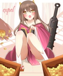 Rule 34 | 1girl, :o, absurdres, bare shoulders, beans, blush, brown eyes, brown footwear, brown hair, clothes between thighs, club, club (weapon), collarbone, commentary request, english text, hair between eyes, highres, holding, horns, japanese clothes, kanabou, kimono, knees up, long hair, long sleeves, mamemaki, masu, non (wednesday-classic), off shoulder, oni, open mouth, original, out of frame, pink kimono, setsubun, sitting, socks, solo focus, sweat, v-shaped eyebrows, weapon, white legwear, wide sleeves