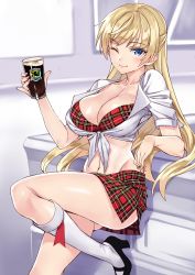 Rule 34 | 1girl, ;), alcohol, beer, bikini, bikini top only, black footwear, blonde hair, blue eyes, blush, breasts, cleavage, closed mouth, collarbone, collared shirt, cup, drinking glass, foam, front-tie top, gym storeroom, head tilt, high heels, holding, holding cup, holding drinking glass, kneehighs, large breasts, leg up, long hair, looking at viewer, matsuryuu, mattress, mayuri mariani, nail polish, navel, one eye closed, open clothes, open shirt, original, pink nails, plaid, plaid bikini, plaid skirt, red bikini, red skirt, school uniform, shirt, shoes, short sleeves, skirt, smile, socks, solo, standing, standing on one leg, stomach, swimsuit, white socks, window, wing collar