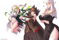 Rule 34 | 3girls, ?, armlet, arms under breasts, artist name, black dress, blush, bottomless, bracelet, breasts, brown hair, cleavage, clenched teeth, cleopatra (fate), dress, elbow gloves, facial mark, fate/grand order, fate (series), gloves, green hair, habit, high heels, highres, holding, holding clothes, holding panties, holding underwear, jewelry, jumping, large breasts, lips, long hair, multiple girls, nail polish, navel, nun, open mouth, pachpachpach, pachpachpachi, panties, pointy ears, see-through, semiramis (fate), sessyoin kiara, sweatdrop, tagme, teeth, thighhighs, tongue, underwear, very long hair, white background, yellow eyes