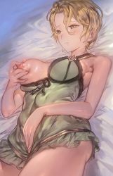 Rule 34 | 10s, 1girl, aos, babydoll, bare shoulders, bed sheet, blush, breasts, brown eyes, brown hair, female masturbation, fingernails, gareth (granblue fantasy), grabbing own breast, granblue fantasy, large breasts, light frown, lingerie, looking away, lying, masturbation, masturbation through clothes, nipples, on back, one breast out, shiny skin, short hair, solo, underwear