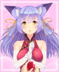 Rule 34 | 1girl, absurdres, animal ears, blush, box, breasts, cat ears, china dress, chinese clothes, confession, dress, gloves, highres, jewelry, kkommy, large breasts, long hair, looking at viewer, marriage proposal, open mouth, original, pink background, purple hair, ribbon, ring, solo focus, teeth, upper body, wedding ring, white gloves, yellow eyes