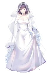 Rule 34 | 1girl, absurdres, bare shoulders, breasts, bridal veil, bride, choker, cleavage, closed mouth, collarbone, commentary, commission, copyright request, dress, flower, full body, gloves, hand up, highres, long dress, looking at viewer, medium breasts, poho, purple eyes, purple hair, see-through, short hair, simple background, skirt hold, smile, solo, standing, veil, wedding dress, white background, white choker, white dress, white gloves
